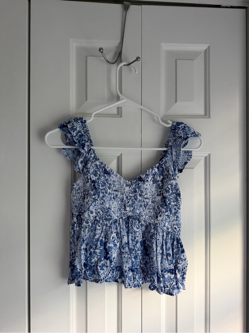 Hollister Blue and White Floral Smocked Ruffle Camisole